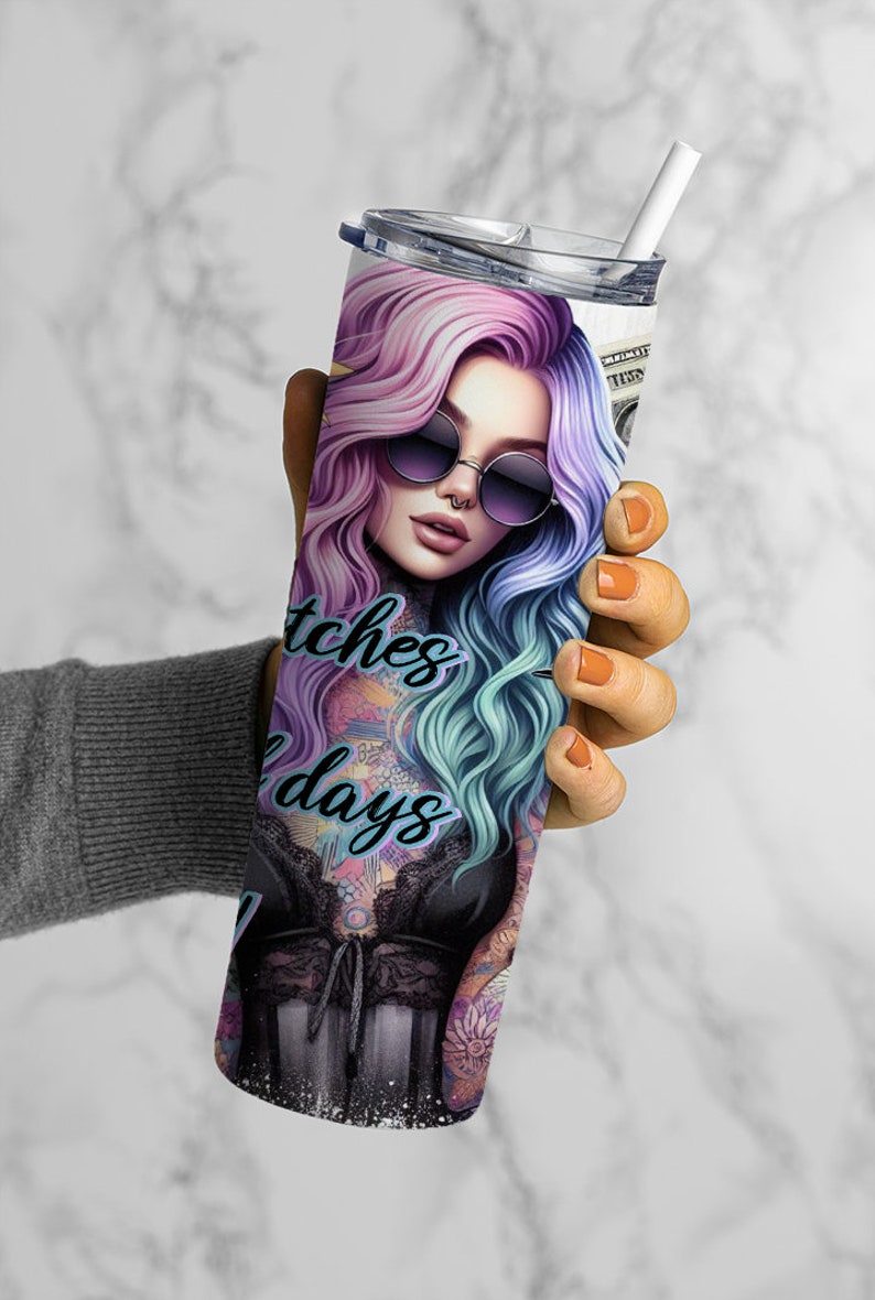 Bad Bitches Have Bad Days Too, 20oz Tumbler Wrap, Pastel Sunflowers, Money, Digital Download, Sublimation, Girl with Tattoos Wrap, Boss Babe image 2