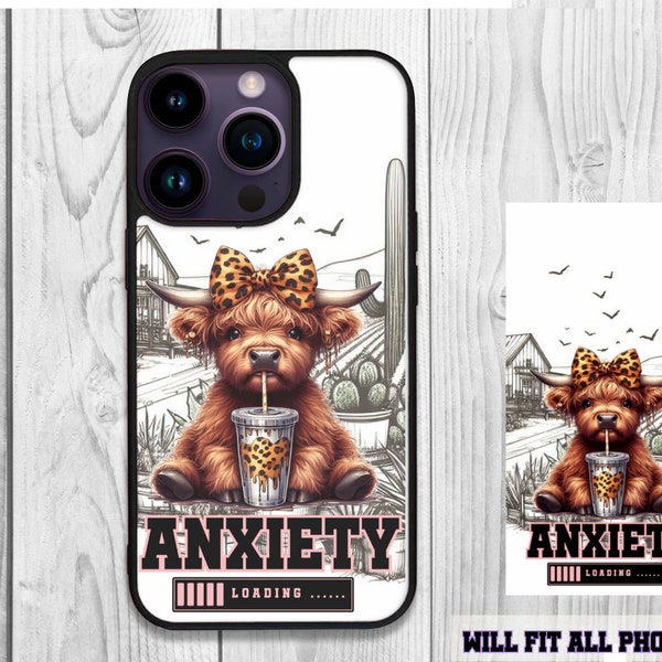 Phone Case, Anxiety Loading Pastel Sunflowers, Highland Cow, Western Phone Case Designs Positive Affirmation, Positive, Western PNG