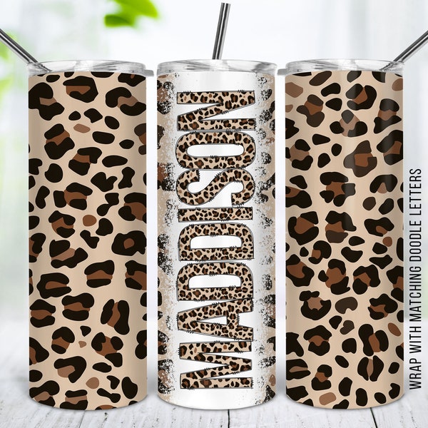 Brown Cheetah 20oz Tumbler Wrap with Matching  Doodle Letter, Aesthetic Alphabet PNG, Add your Own name Tumbler, Sublimation Prints  37