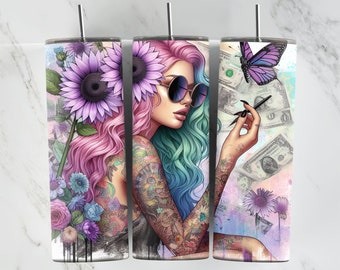 Girl With Tattoos, Money Wrap, 20oz Tumbler Wrap, Pastel Sunflowers, Money, Digital Download, Sublimation, Girl with Tattoos Wrap, Boss Babe