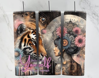 Tijger in 20oz Tumbler Wrap, digitale download, druipende zonnebloemen, positief citaat, meisje met tatoeages, zonnebloemwraps, geloof in jezelf