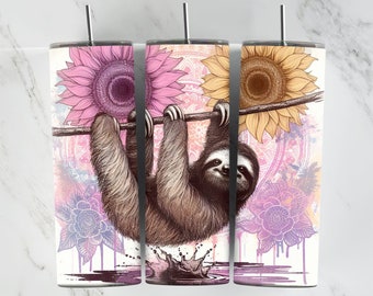 Sloth With Sunflowers and And Mandela, 20oz Tumbler Designs, Watercolor Animal, Pastel Sunflowers, Pastel Mandela, Animal Wrap Designs