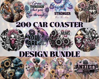 200 Car Coaster Bundle, Sublimation Coaster, Coaster Sublimate, Instant Download, Png, Round Car Coasters, Instant Downloads, Grunge Coaster