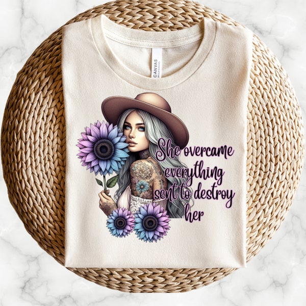 She Overcame Everything Sent To Destroy Her, Pastel Sunflowers, Girl With tattoos, Boho Girl t-shirt design, Positive Affirmation, Positive