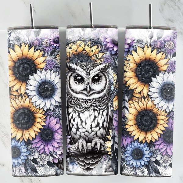 Owl Sitting On A Branch, Purple Sunflower, 20oz Tumbler Wrap, Pastel Sunflowers, Boho Owl, Digital Download, Sublimation, Owl Wrap