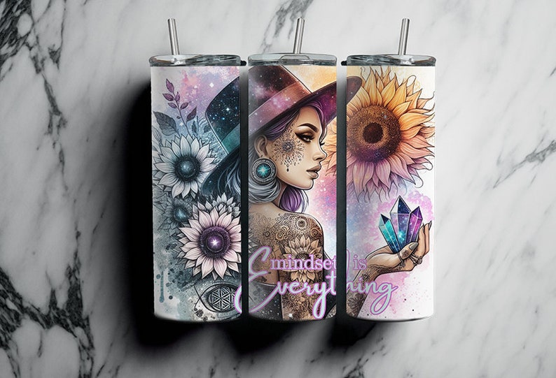 Mindset Is Everything, 20oz Tumbler Wrap Sunflowers, Crystals, Positive Affirmations Tumbler Wrap, Positive Quote Wrap, Celestial Girl image 4