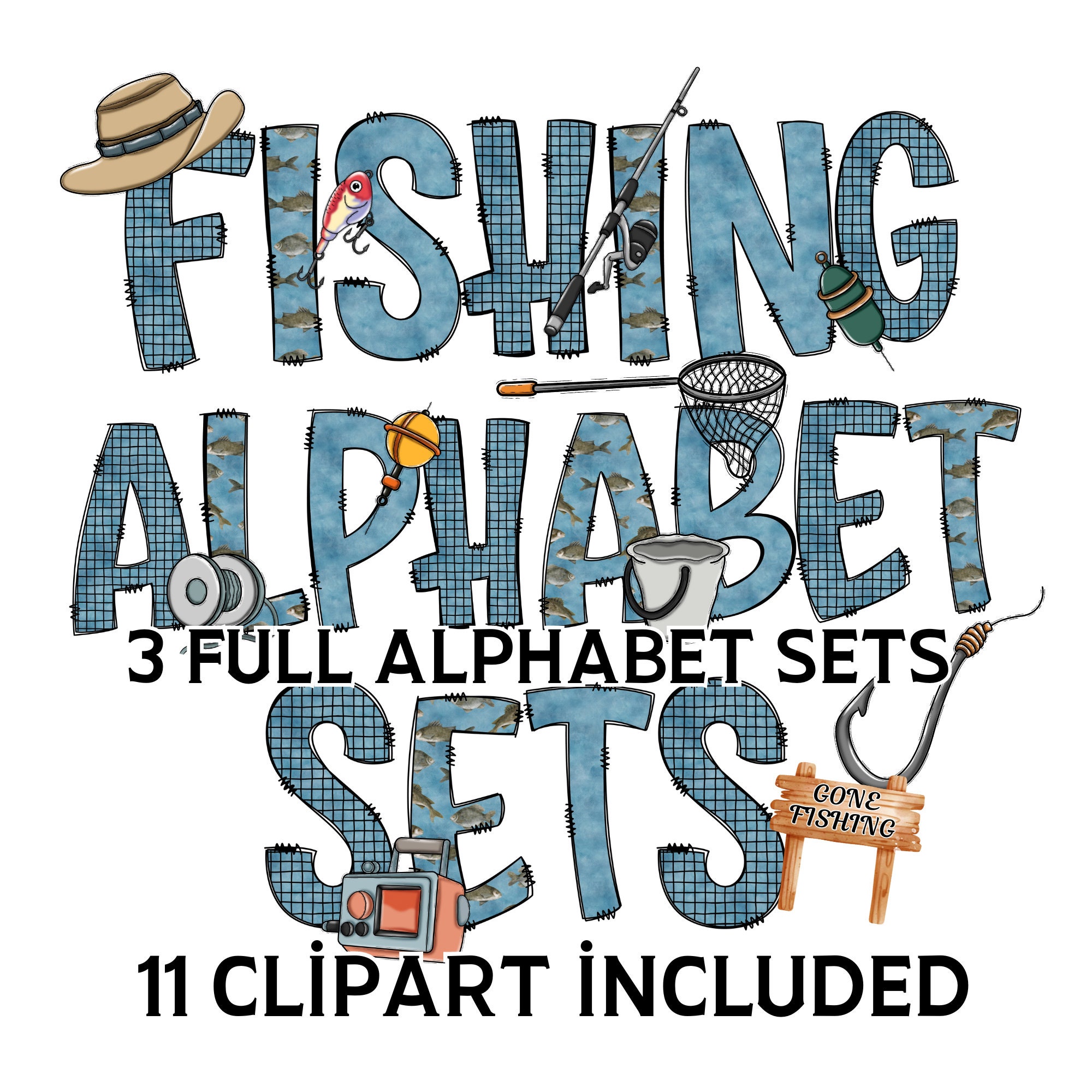 Fishing Doodle Letters, 3x Alphabet Sets, 11 Individual Clipart , Doodle  Letters, Dad Doodle Letters, Clip Art, Sublimation, Digital 