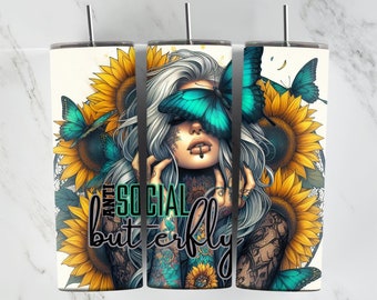 Anti Social Butterfly Teal, 20oz Tumbler Designs, Butterfly Wrap, Pastel Sunflowers, Girl With tattoos, Teal Butterflies, Yellow Sunflowers