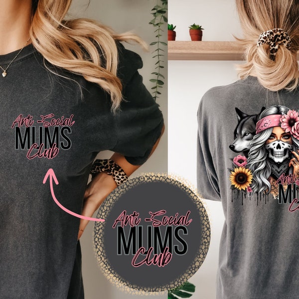 Anti-Social Mums Club T-Shirt Design, With Matching Pocket Designs, PNG, Girl With Wolf, Anti-Social, Tattoo Girl, Pink Sunflowers T-Shirt