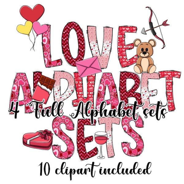 Love Doodle letters, 4x alfabet sets, 10 individuele clipart, Valentijnsdag alfabet, Doodle letters, illustraties, sublimatie, liefde PNG