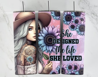 Positive Affirmation, She Designed The Life She Loved, 20oz Tumbler Wrap, Pastel Sunflowers, Sublimation, Girl with Tattoos, Positive Wrap