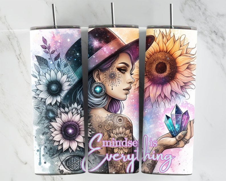 Mindset Is Everything, 20oz Tumbler Wrap Sunflowers, Crystals, Positive Affirmations Tumbler Wrap, Positive Quote Wrap, Celestial Girl image 1