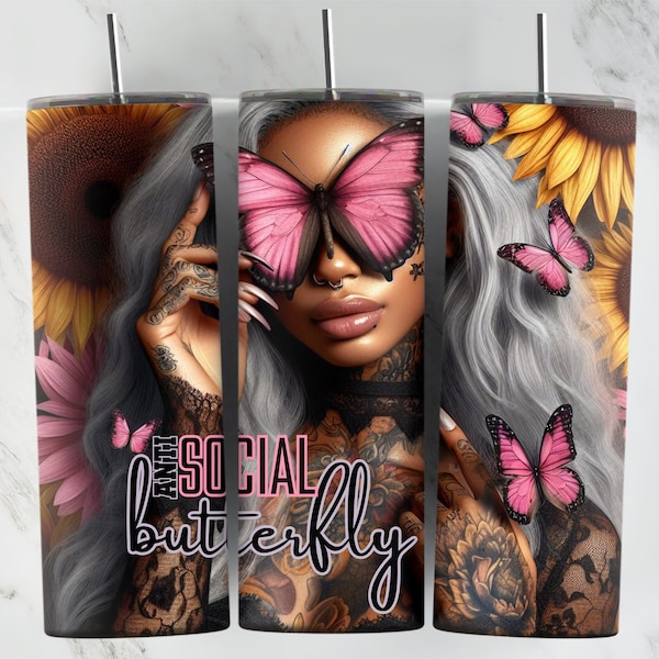 African lady Anti Social Butterfly, 20oz Tumbler Wrap, Sublimation, Girl with Tattoos, Positive Designs, Pink Butterfly Wrap, Yellow Flowers