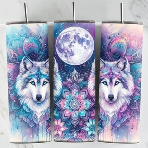 Wolves With The Moon, Pastel Sunflower, 20oz Tumbler Wrap, Pastel Flowers, Boho Wolves, Digital Download, Sublimation, Pastel Wolves image 1