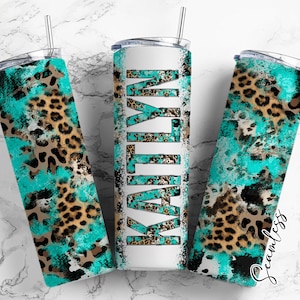 Turquoise Cheetah 20oz Tumbler Wrap with Matching  Doodle Letter, Aesthetic Alphabet PNG, Add your Own name Tumbler , SublimationPrints