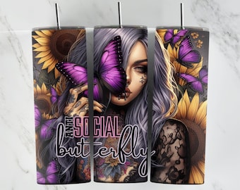 Anti Social Butterfly Purple 20oz Tumbler Designs, Butterfly Wrap, Pastel Sunflowers, Girl With tattoos, Purple Butterflies, Sunflowers