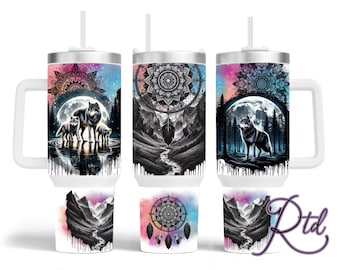 Wolf With her Cubs, 40oz Tumbler Wrap, Pastel Mandela, Instant Download, Png, Tumbler, Wolf Quencher Designs, Dream Catcher 40oz designs
