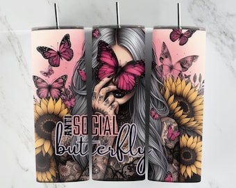Anti Social Butterfly Pink, 20oz Tumbler Designs, Butterfly Wrap, Pastel Sunflowers, Girl With tattoos, pink Butterflies, Yellow Sunflowers
