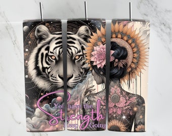 Tijger in 20oz Tumbler Wrap, digitale download, druipende zonnebloemen, positief citaat, meisje met tatoeages, zonnebloemwraps, blijf doorgaan