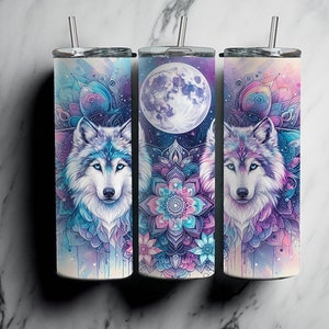 Wolves With The Moon, Pastel Sunflower, 20oz Tumbler Wrap, Pastel Flowers, Boho Wolves, Digital Download, Sublimation, Pastel Wolves image 3