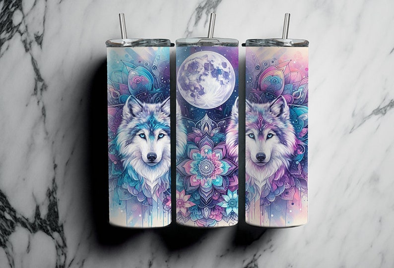 Wolves With The Moon, Pastel Sunflower, 20oz Tumbler Wrap, Pastel Flowers, Boho Wolves, Digital Download, Sublimation, Pastel Wolves image 3