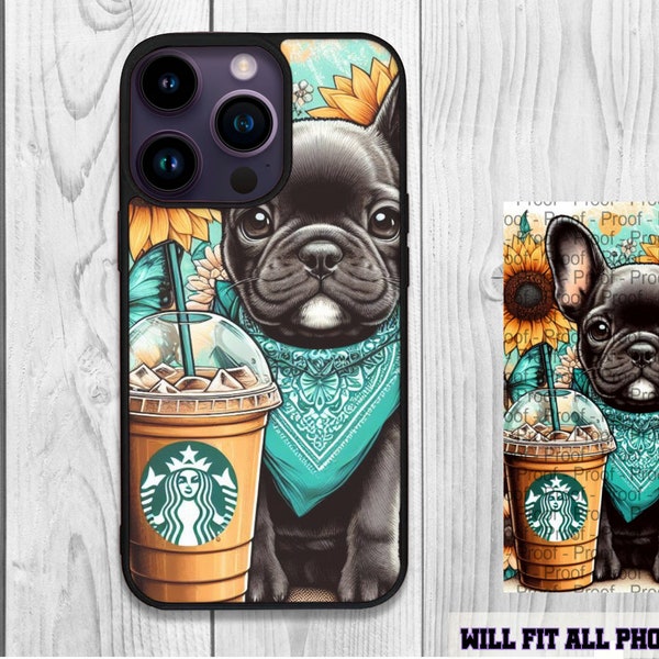 Frenchie Dog Phone Case, Dog With Bandana, Yellow Sunflowers, Phone Case Designs, Positive Affirmation, Ice Coffee Phone Case Designs,