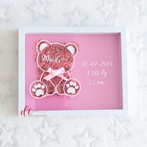 Teddy Bear Flower Box / Rose Box / Paper Flower Shadow Box / Gift for Baby Shower, Gender Reveal, Nursery, Baby Girl, Baby Boy, Birthday