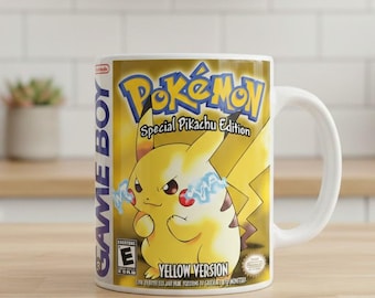 Pokémon Yellow Gameboy Game Mug Pikachu Edition Retro game print ceramic coffee mug, yellow wrap design, 11oz cup