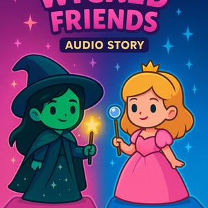 May include: Illustration for "Wicked Friends Audio Story" featuring a green-skinned witch in a black cape and a princess in a pink dress. The witch holds a star wand, the princess a blue orb wand.