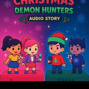 Op de afbeelding: Kleurrijke cartoonillustratie die een K-Pop kerst audioverhaal promoot. De afbeelding toont vier gestileerde personages, twee aan elke kant, met de tekst "K-Pop Christmas Demon Hunters Audio Story" bovenaan.