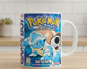 Pokémon Blue Gameboy Game Mug Blastoise Edition Retro game print ceramic coffee mug, blue wrap design, 11oz cup