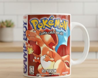 Pokémon Red Gameboy Game Mug Charizard Edition Retro game print ceramic coffee mug, red wrap design, 11oz cup