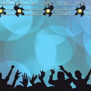 May include: Silhouettes of people with their arms raised in the air, cheering in front of a stage with spotlights. The background is a blue and purple gradient with blurred circles of light.