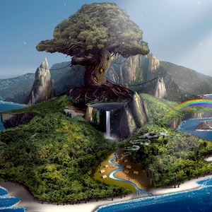Puede incluir: Una isla de fantasía con un gran árbol en su centro, rodeada de exuberante vegetación verde, una cascada y un arcoíris. La isla está rodeada de agua azul y nubes blancas.