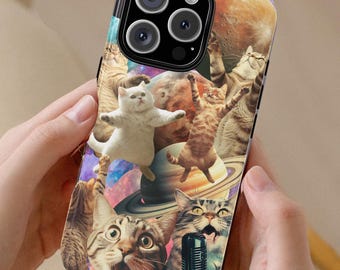 Whimsical Retro Cat Phone Case, Aesthetic Galaxy Design, Cute Phone Cover, Trendy Gifts for Cat Lovers, Vintage Grunge Style,iPhone 16 15 14