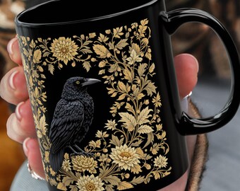 Medieval Raven Coffee Mug: Dark Cottagecore Floral Ceramic