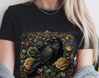 Whimsigoth Floral Raven T-Shirt, Witchy Aesthetic Crewneck Shirt, Halloween Crow Shirt, Gothic Dark Academia, Goblincore Clothing