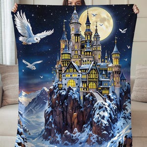 Enchanted Castle Plush Blanket, Wizard Art Soft Throw, Magic School Inspired Home Decor, Fantasy Book Lovers Gift, Witchy Tapestry Aesthetic