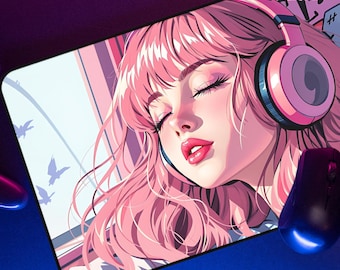 Anime Girl Mouse Pad: Pink Pastel Gaming Desk Mat - Kawaii Lofi Decor