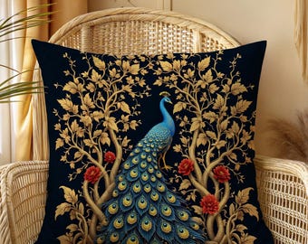 Maximalist Aesthetic Peacock Pillow,Luxury Chinoiserie Throw Pillow,Elegant Floral Cushion Cover,Botanical Ornate Home Deco,Chic Sofa Accent