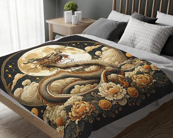 Cottagecore Dragon Fleece Blanket: Vintage Victorian Fairytale Throw