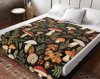 Mushroom Fleece Blanket: Cottagecore Woodland Throw, Boho Cabin Decor