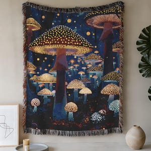 Magical Mushroom Woven Blanket: Psychedelic Cottagecore Decor