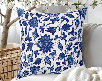 Blue Floral Chinoiserie Throw Pillow, Vintage Asian Decor, French Country Decorative Cushion, Luxury Sofa Pillowcase, Botanical Home Accent