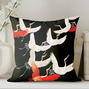 Elegant Birds Print Pillow, Crane Accent Decorative Cushion, Aesthetic Japanese Home Decor, Nature Inspired Gift,Black Oriental Pillow Cover
