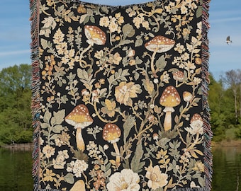 Floral Mushrooms Cottagecore Tapestry, Whimsical Dark Botanical Throw Blanket, Rustic Home Decor