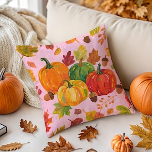 Pumpkin Fall Throw Pillow, Pastel Pink Autumn Decorative Pillow Cover, Cozy Cottagecore Home Decor