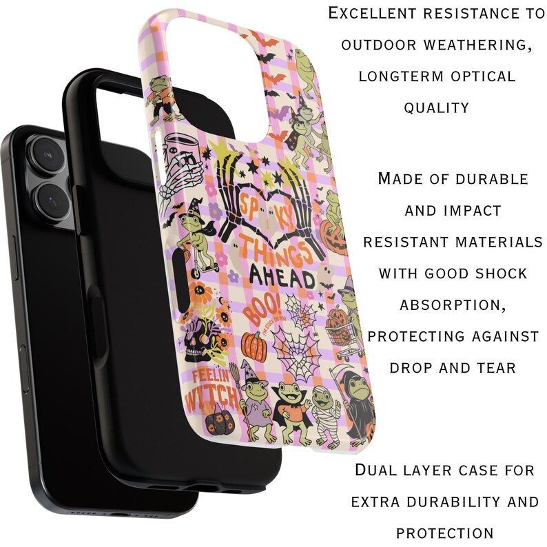 May include: A dual-layer phone case with a Halloween theme. The case has a black inner layer and a patterned outer layer with spooky illustrations, including skeletons, pumpkins, and the text "Spooky Things Ahead". Designed for extra durability and protection.