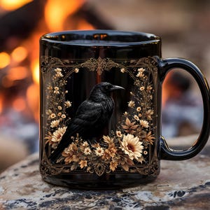 Medieval Floral Raven Mug, Dark Academia Ceramic Cup, Cottagecore Wildflower Mug, Boho Goblincore Aesthetic, Unique Gothic Bird Lover Gift