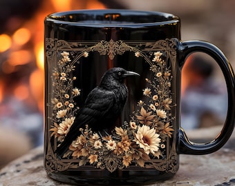 Floral Raven Ceramic Mug: Dark Academia Goblincore Gift
